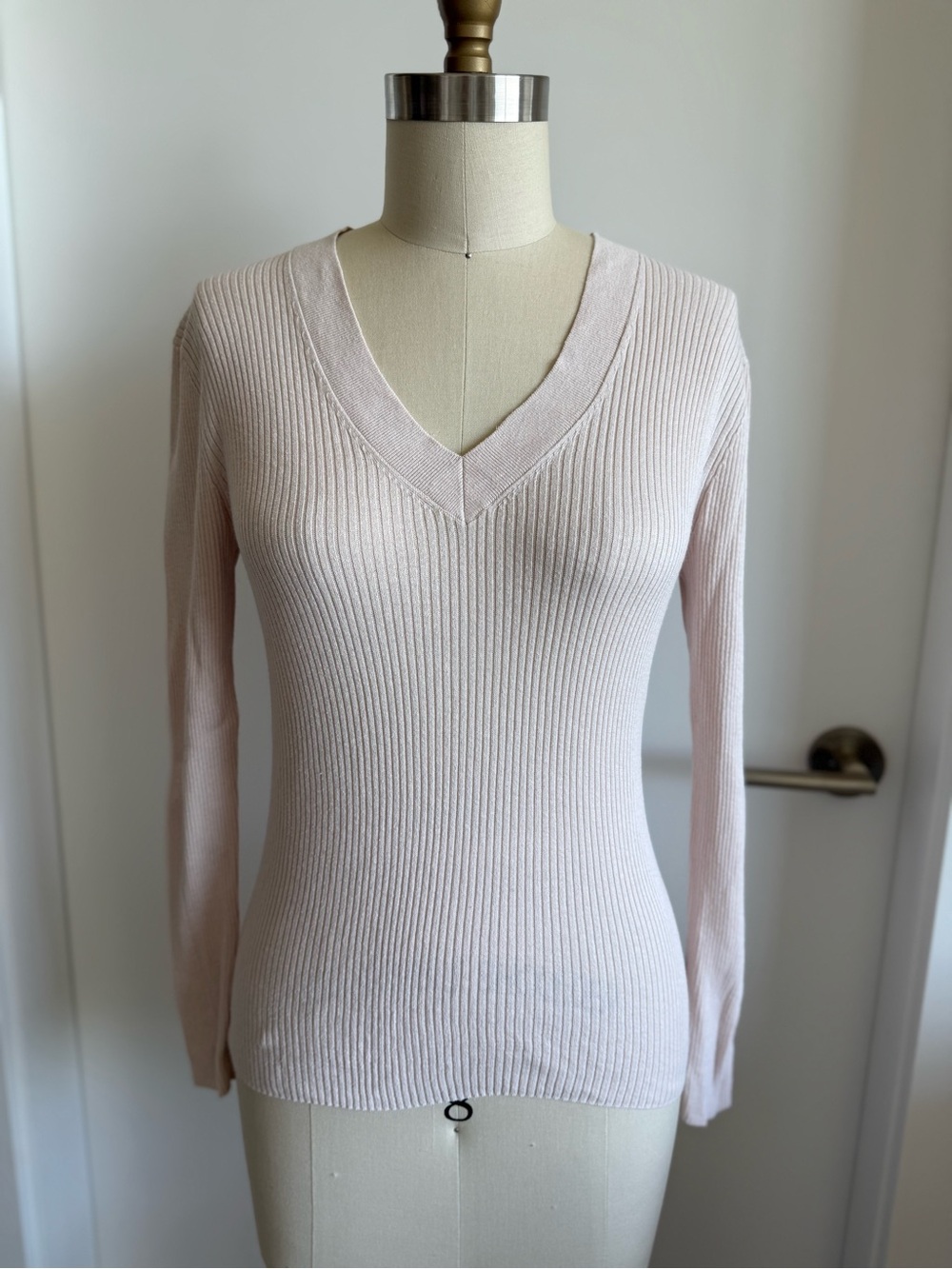 Massimo Dutti Pale Pink Ribbed V-Neck silk cotton